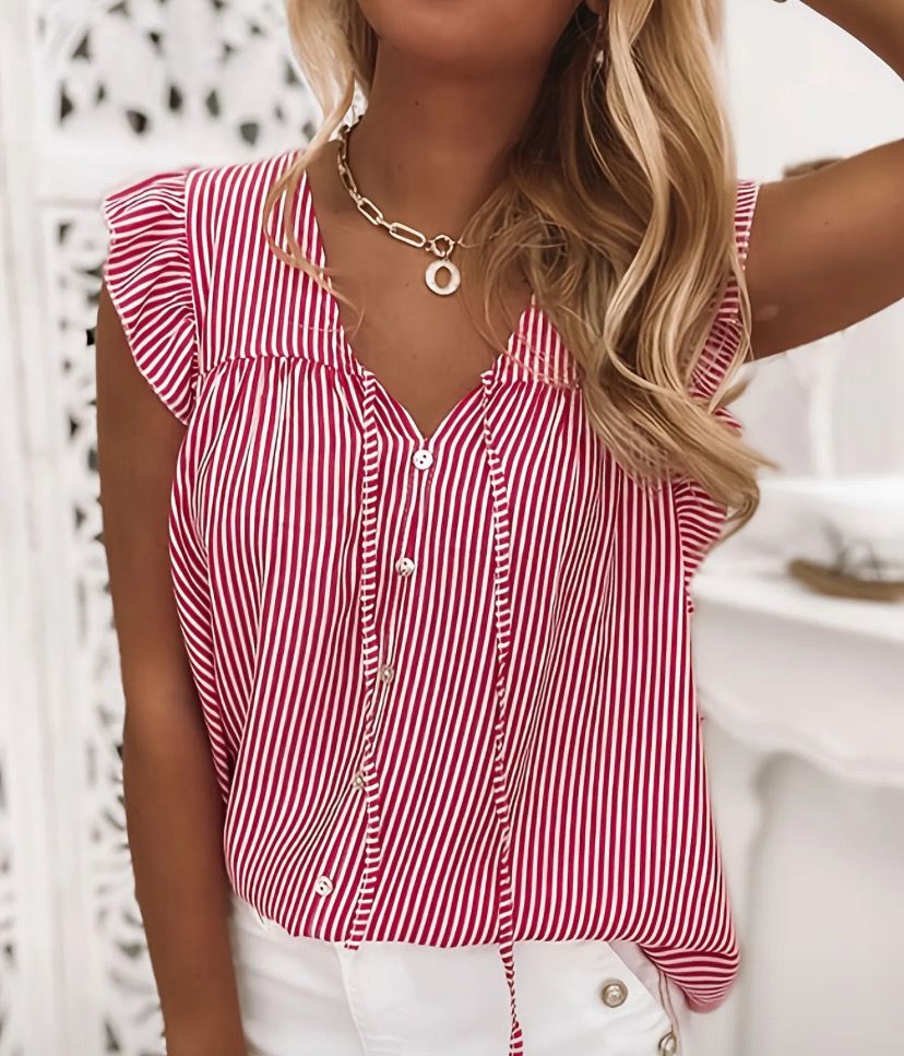 red stripe ruffle sleeve top