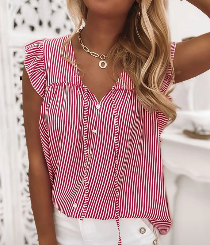 red stripe ruffle sleeve top