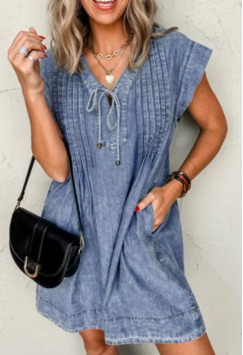 Pleated Front Denim Dress w/Pockets