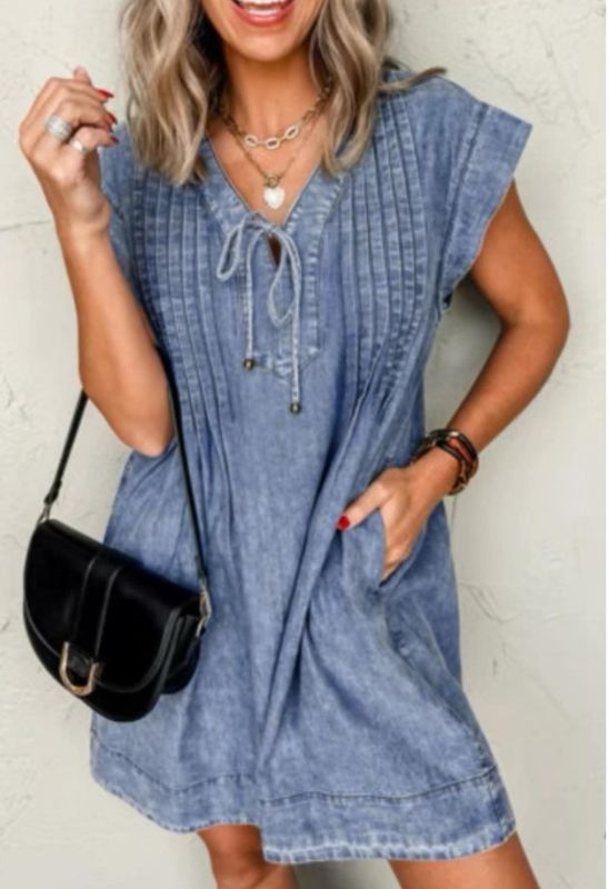 Pleated Front Denim Dress w/Pockets