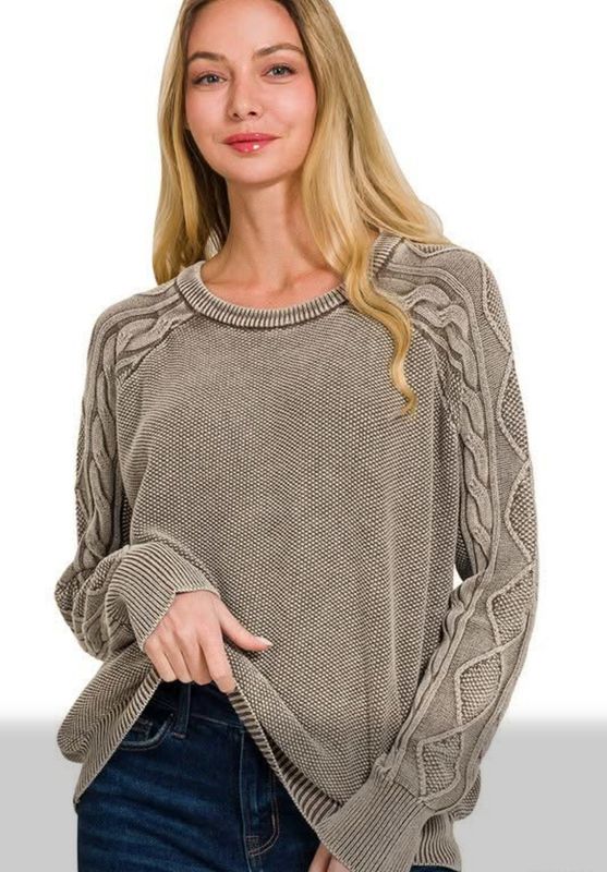 Mocha stone wash cable knit sweater