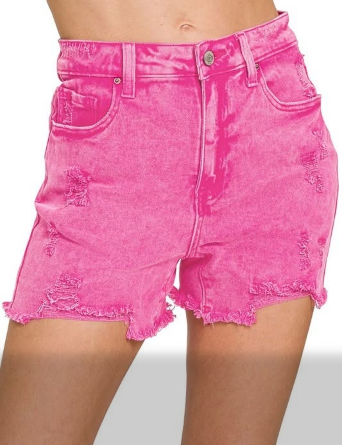 Hot pink distressed denim shorts