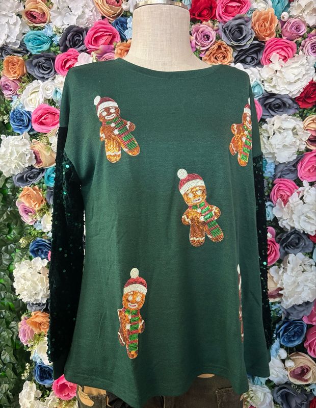 Christmas Green Sequin Gingerbread Long Sleeve
