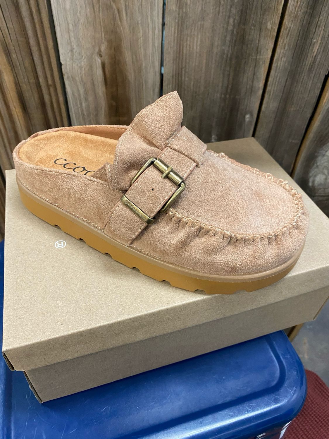 Taupe ruffle buckle mule slide on