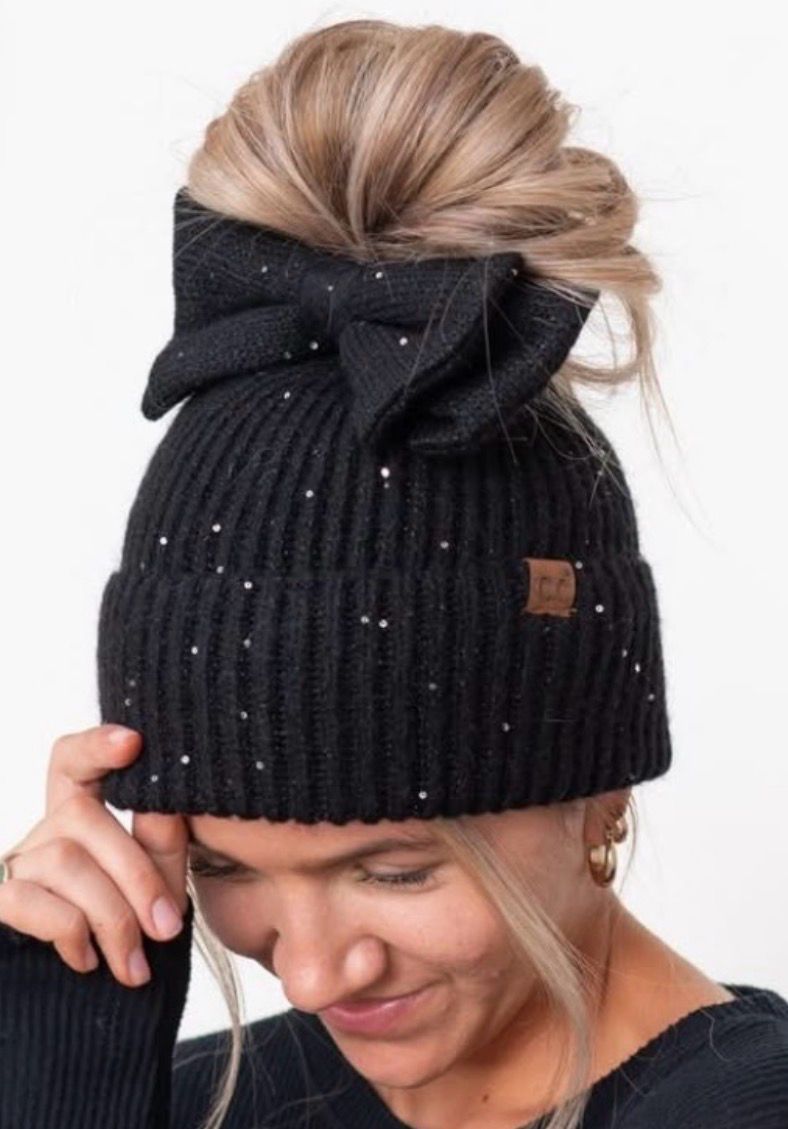 bow beanies w/high pony tail