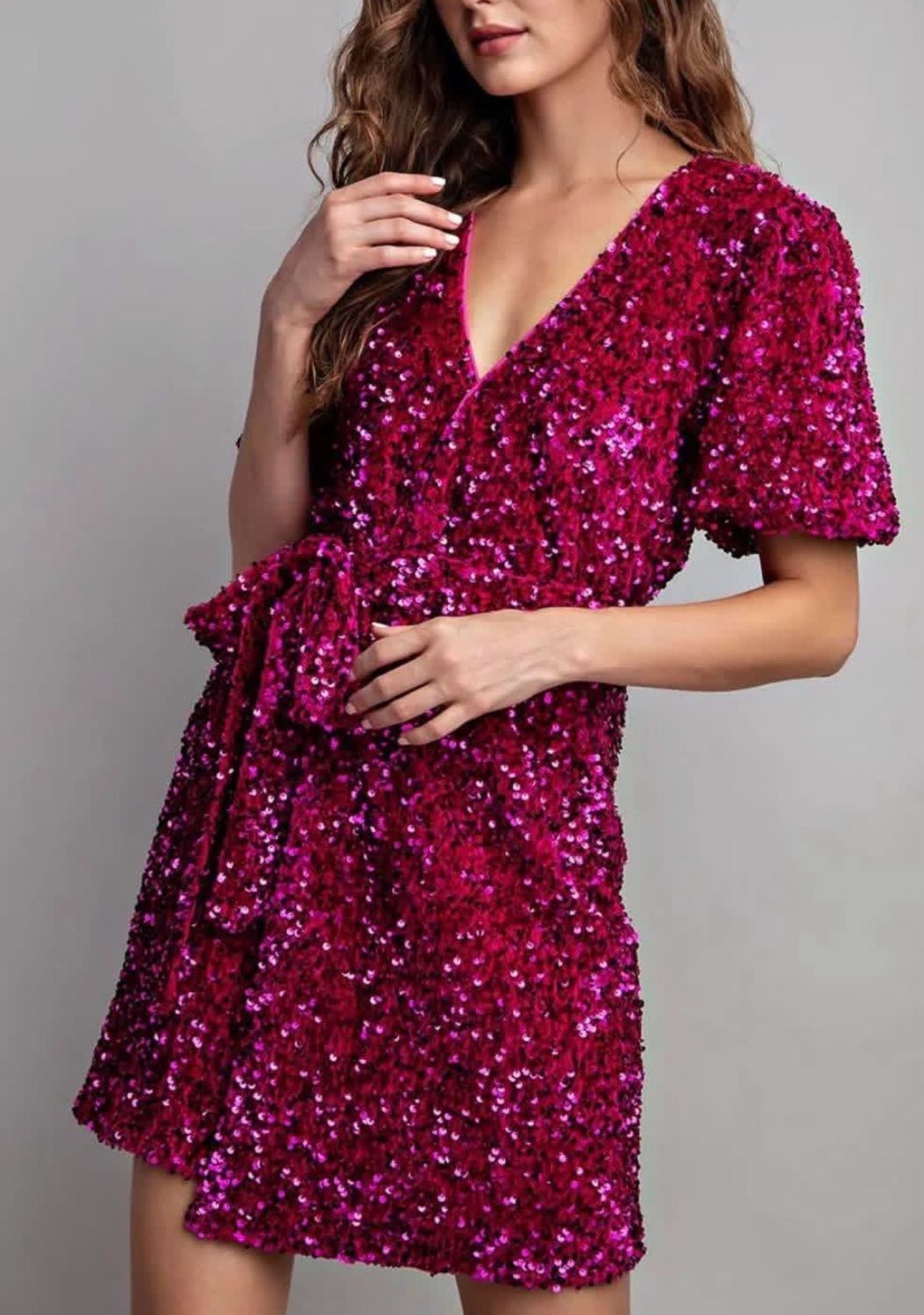Pink velvet V-neck wrap dress