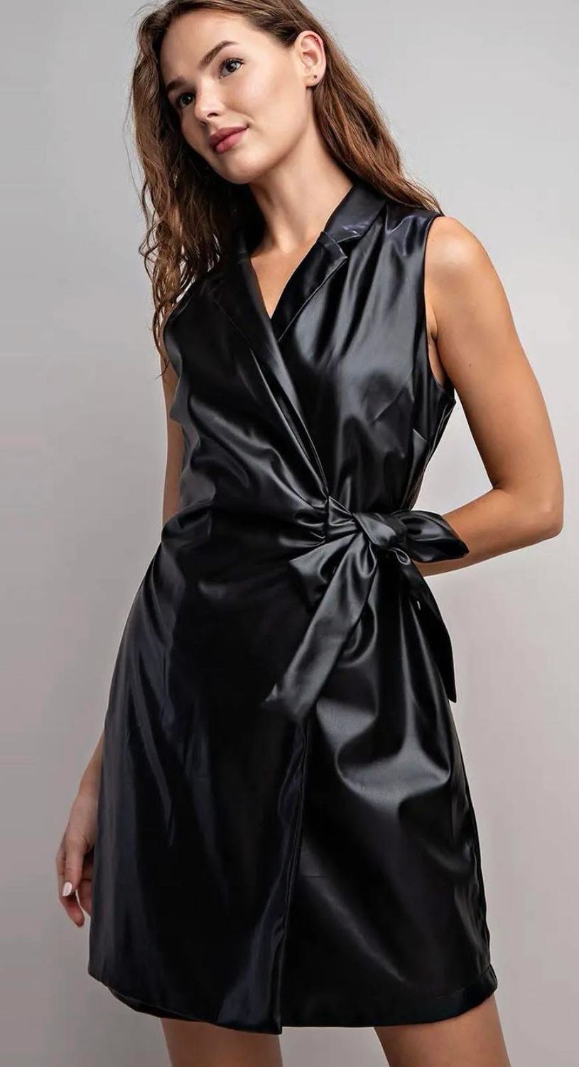 pleather wrap dress black