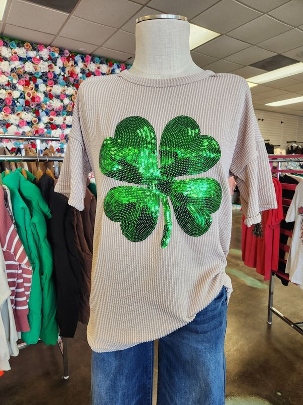 Ribbed Tan Shamrock Sequin Shirt