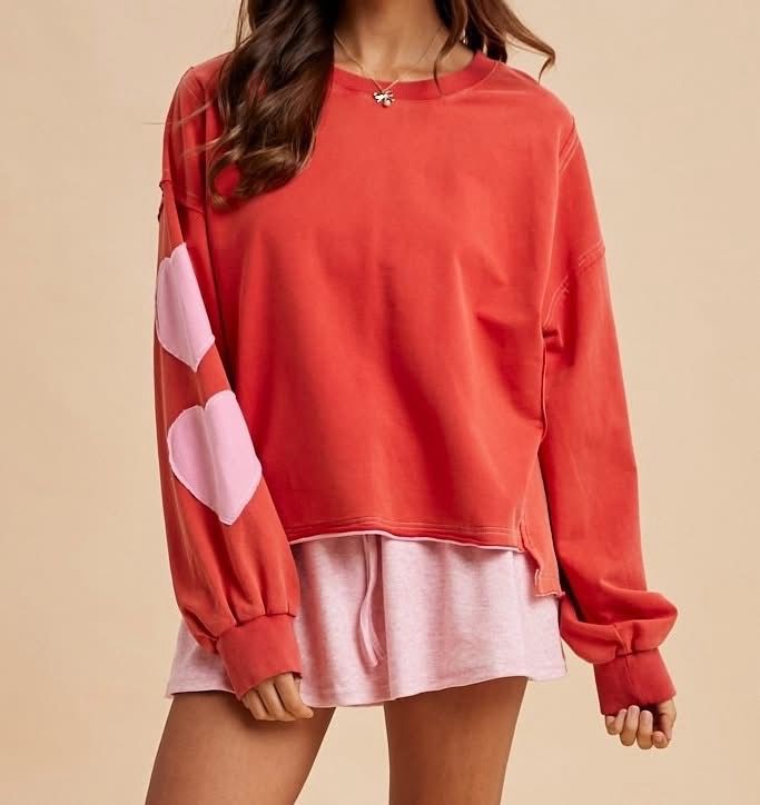 Red pink heart mineral wash pullover