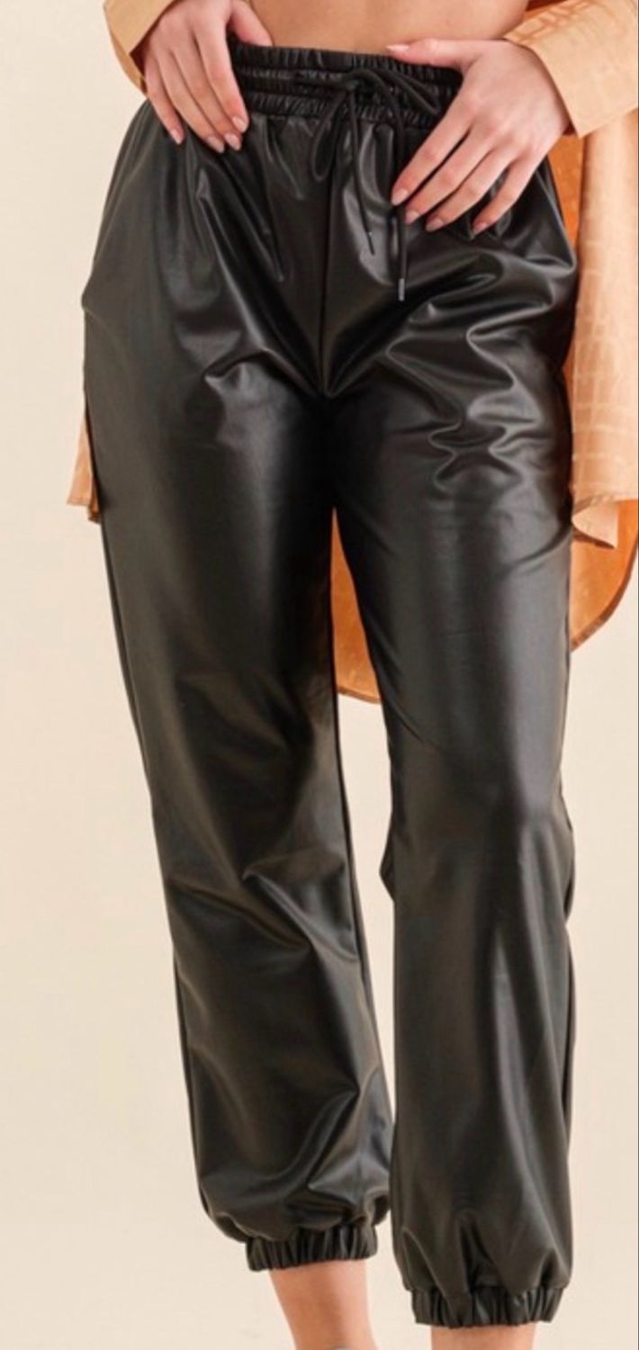 Vegan leather black joggers