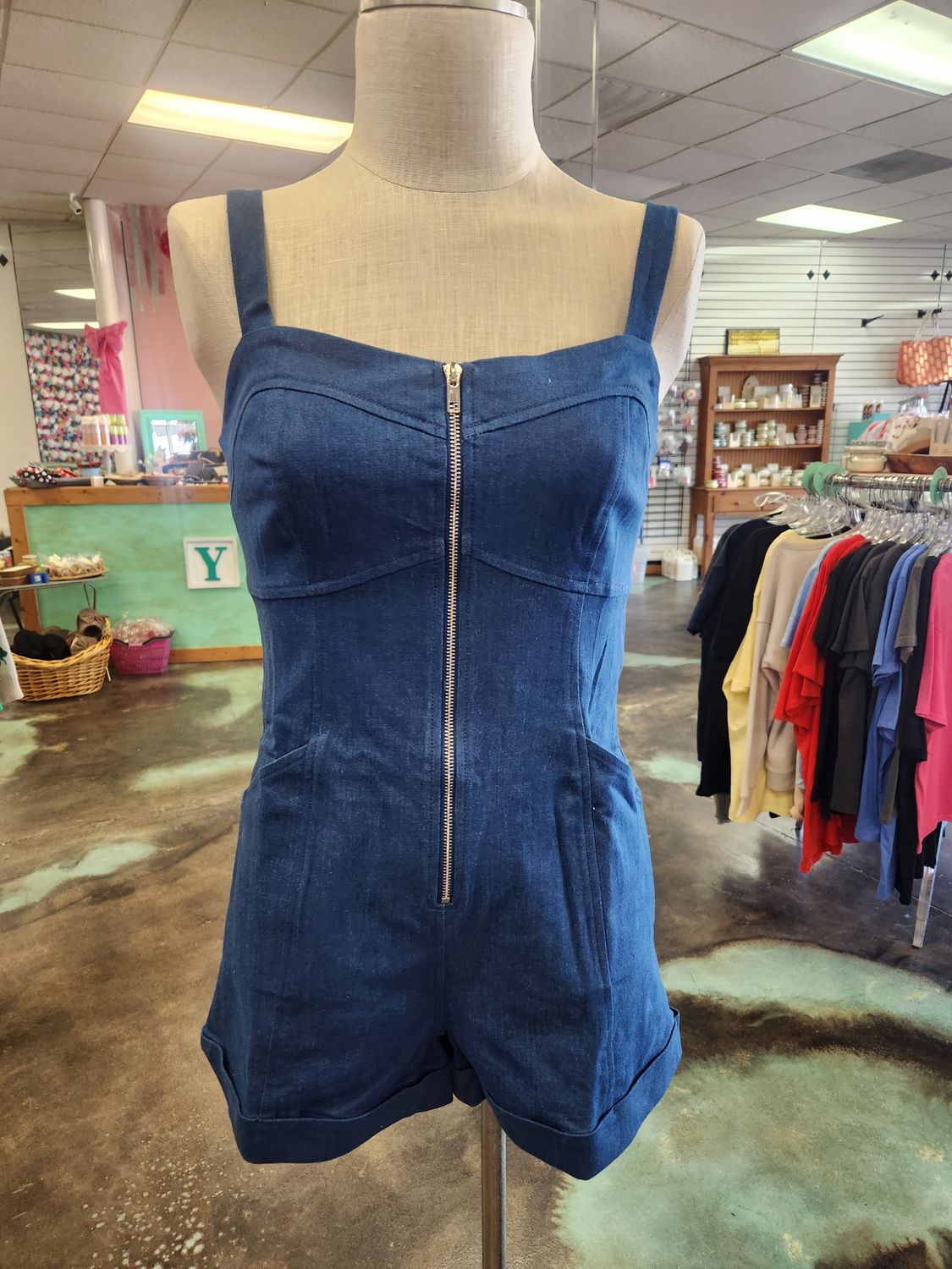 Denim Romper w/ Front Zipper