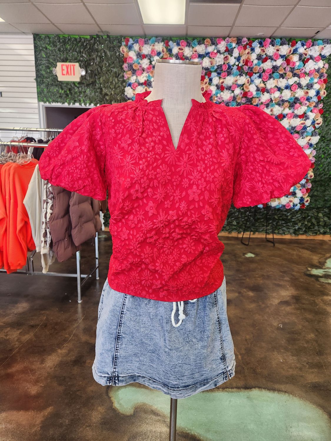 Balloon Sleeve Embossed Floral Shirt