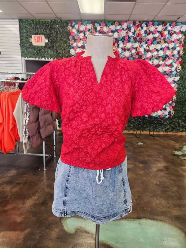 Balloon Sleeve Embossed Floral Shirt