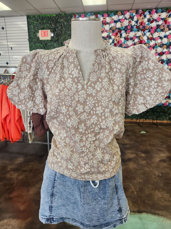 Balloon Sleeve Embossed Floral Shirt