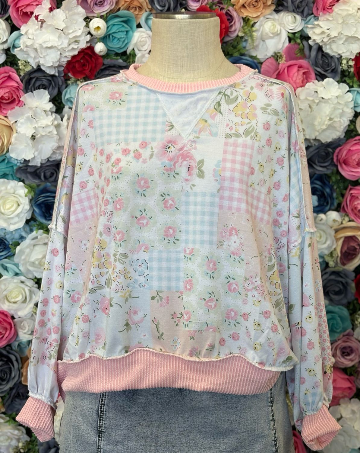 Pink floral patchwork crewneck