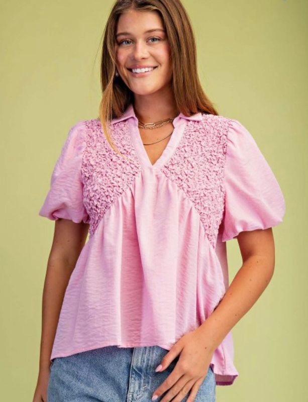 Smocked pink V-neck top