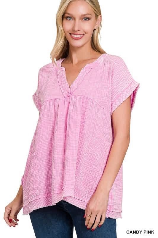 Gauze raw edge V-neck top
