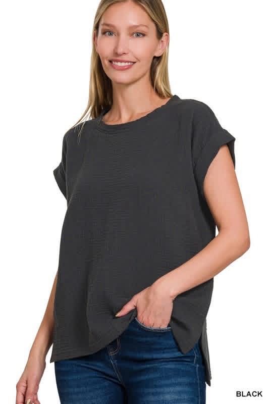 Gauze black round neck top