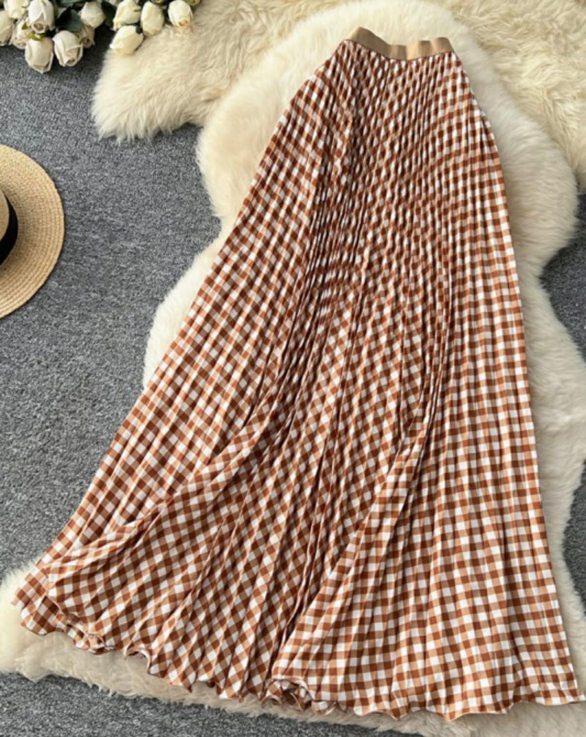 Gingham Pleated Long Skirt 