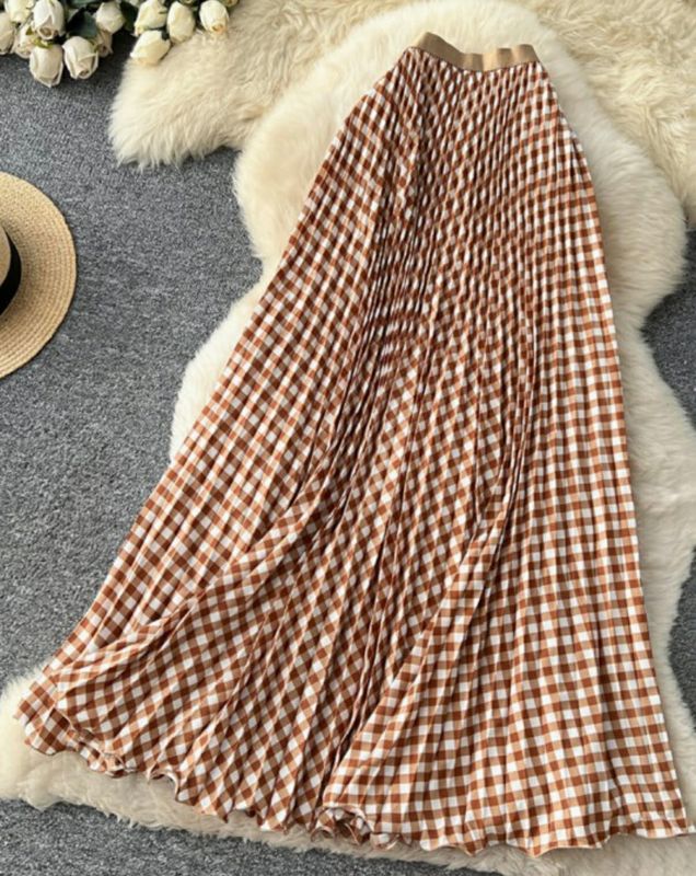 Gingham Pleated Long Skirt 