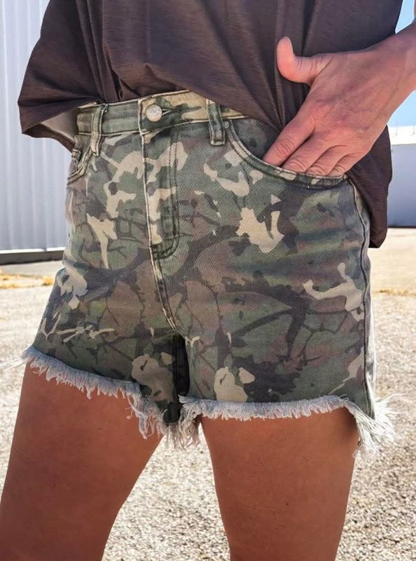 Denim Camo Raw Hem Shorts 