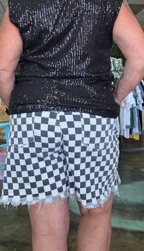 Denim Checkered Raw Hem Shorts 