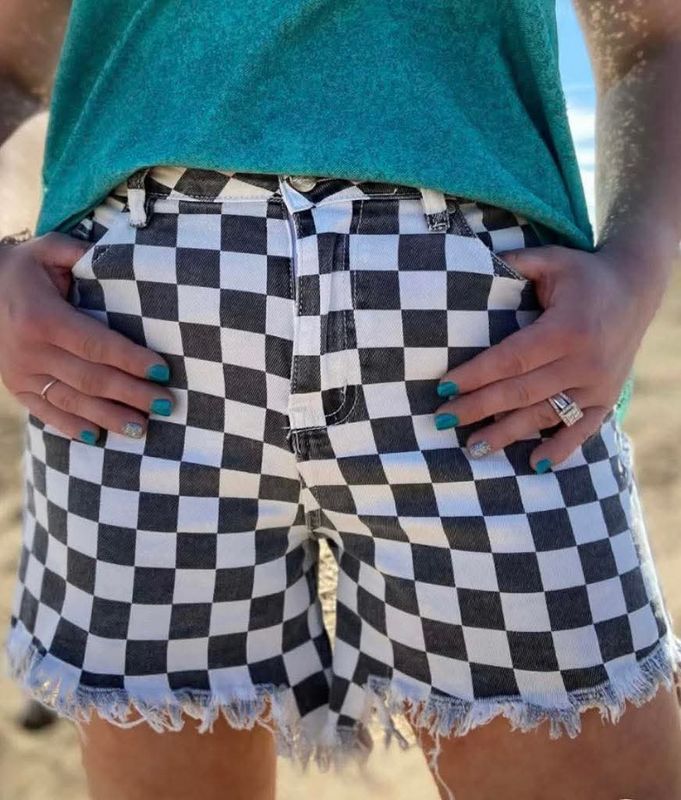 Denim Checkered Raw Hem Shorts 