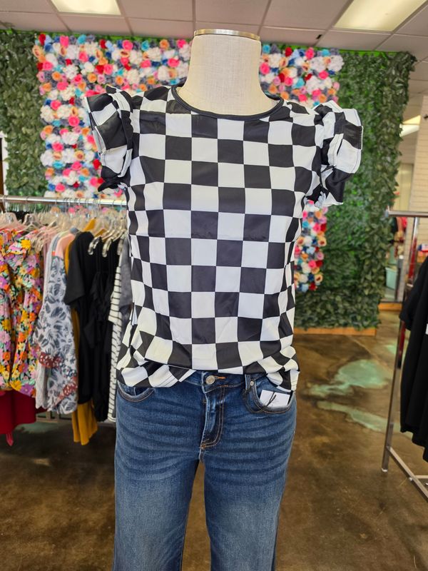 Checkered Ruffled Sleeve Top