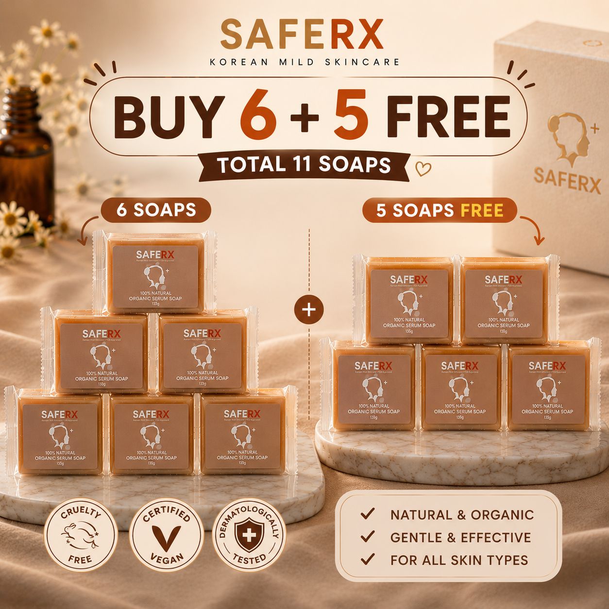 SAFERX 100% Natural Organic Serum Soap with Glutathione | Complete Deep Clean, Whitening and Anti-Aging Formula |  FDA Approved | Formulated by Saferx Lab Experts | Made in Korea | 6+5 FREE
