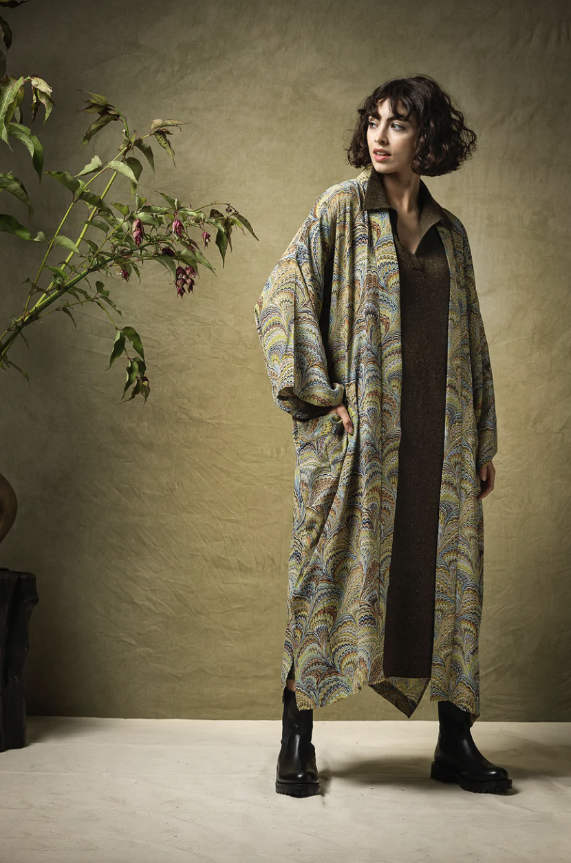 Crepe Long Kimono - Marbelled Green