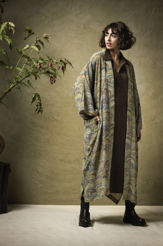 Crepe Long Kimono - Marbelled Green