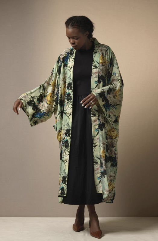 Crepe Long Kimono - Winter Lily Verdigris