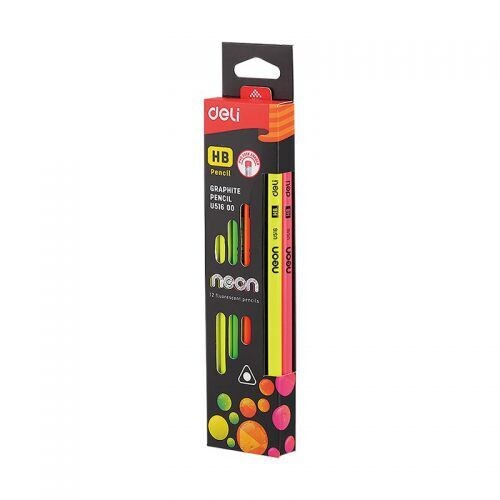 Deli Eraser-Tip HB Neon Pencils (Pkt 12)