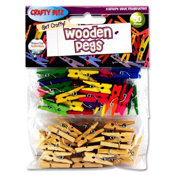 Crafty Bitz Wooden Assorted Colours Pegs (Pkt 50)