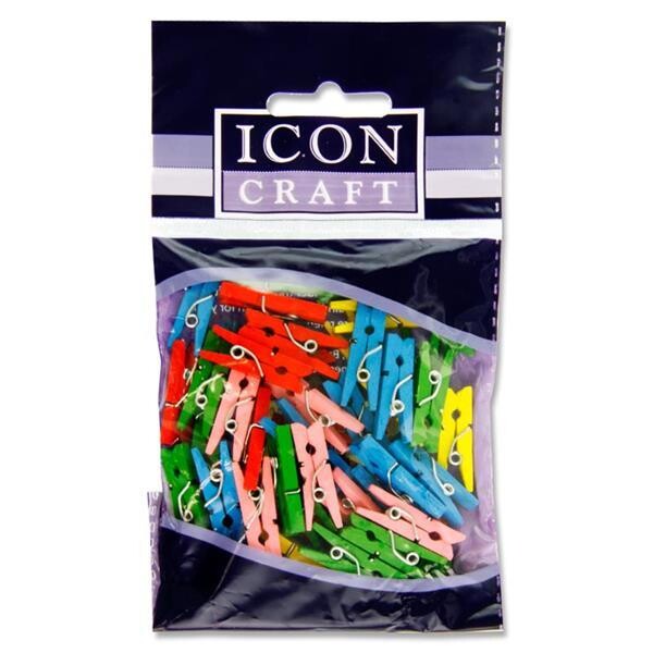 Icon Mini Wooden Assorted Coloured Pegs (Pkt 50)