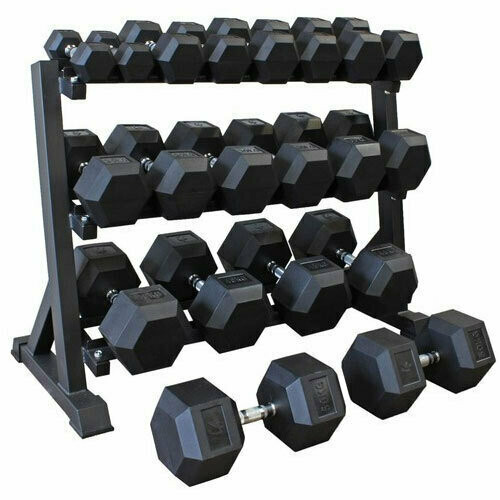 Rubber Hex Package 5-50lb Including 3 Tier Rack (550lbs) -