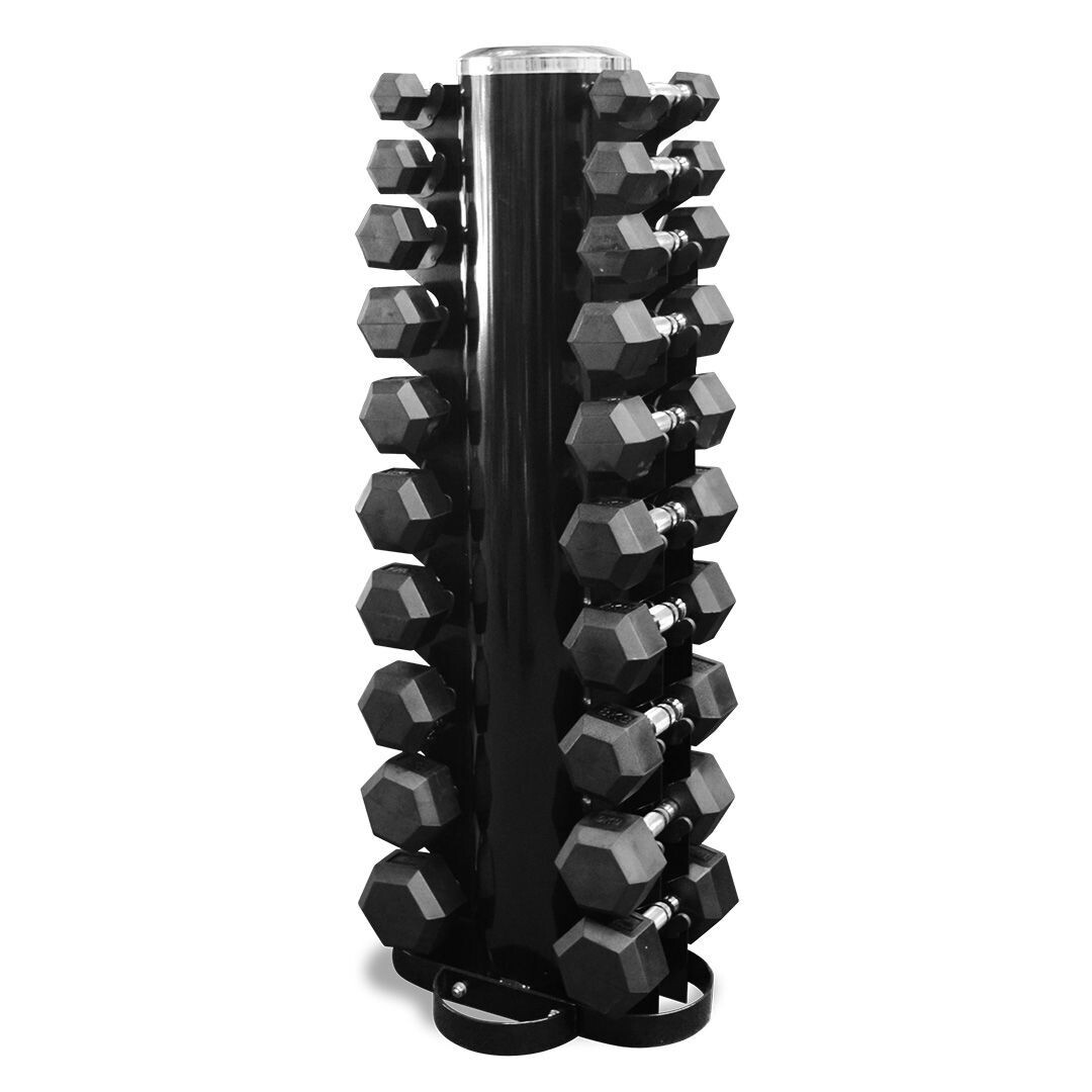 Rubber Hex Dumbell Package with Vertical Rack Dumbells included ( pairs) 5,8,10,12,15,17.5,20,22.5,25,30lb (330lbs)