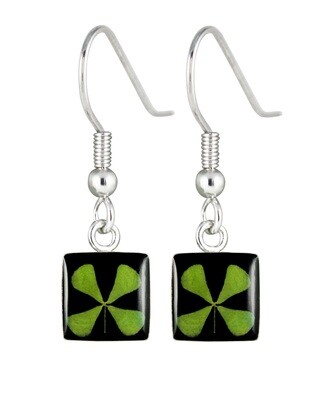 Four-Leaf Clover Square Hanging Earrings, Black Background.