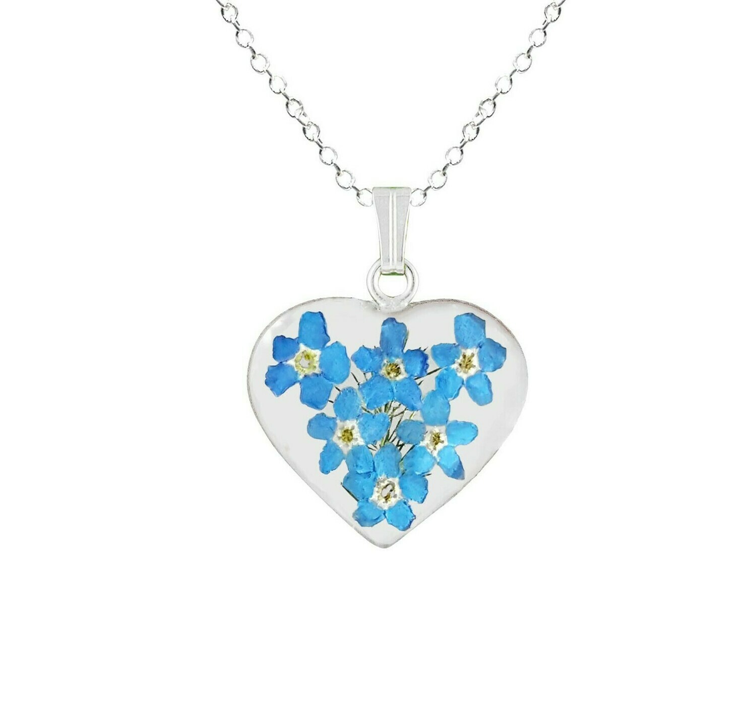 Forget-Me-Not Necklace, Heart Pendant, White Background