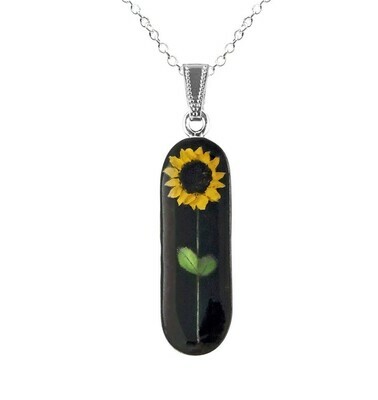 Sunflower Necklace, Long Oval, Black Background