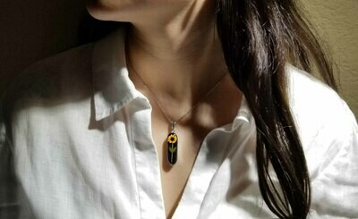 Sunflower Necklace, Long Oval, Black Background