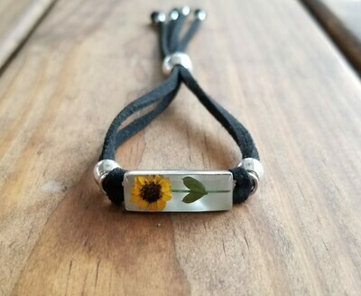 Sunflower Rectangle Leather Bracelet, White Background