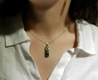 Sunflower Necklace, Medium Rectangle, Black Background