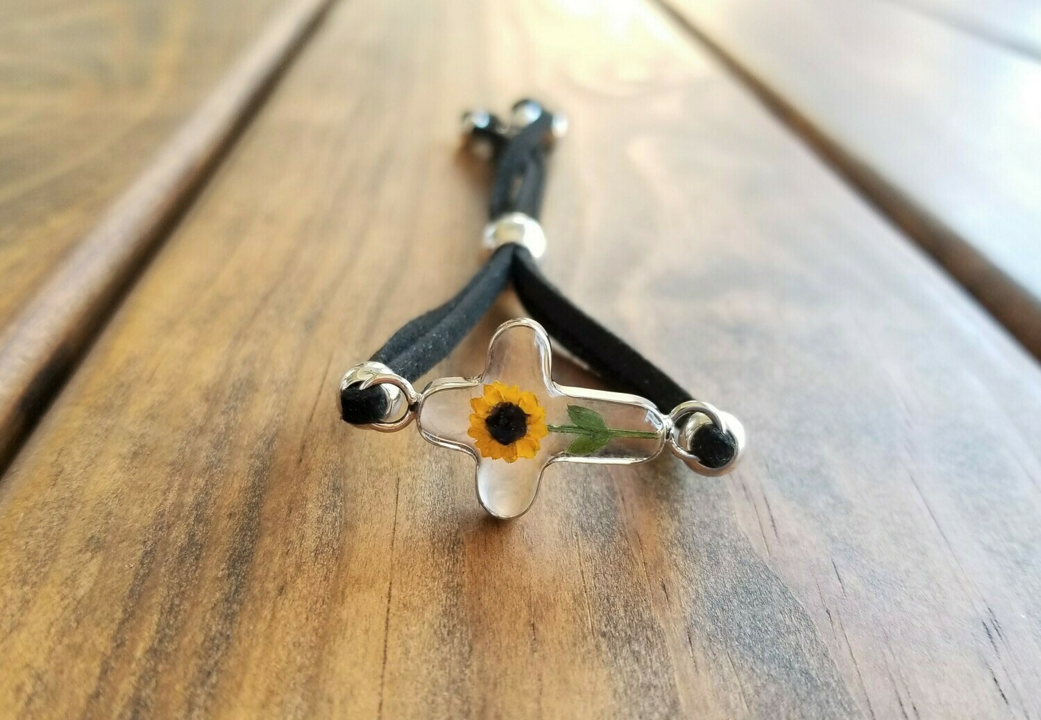 Sunflower Cross Leather Bracelet, Transparent