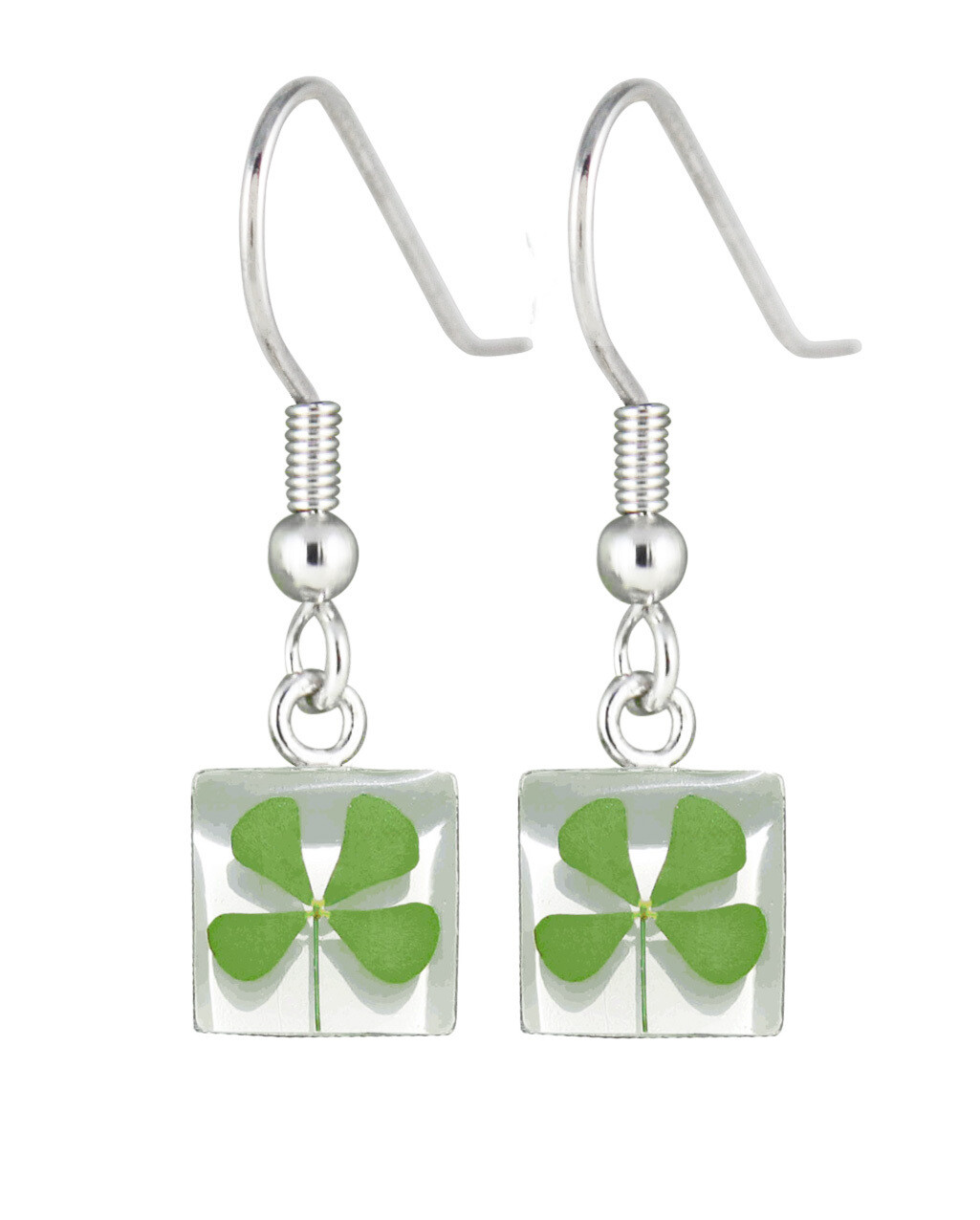 Four-Leaf Clover, Square Hanging Earrings, White Background.