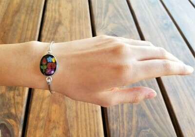 Rose & Mixed Flowers Oval Bracelet, Black Background.