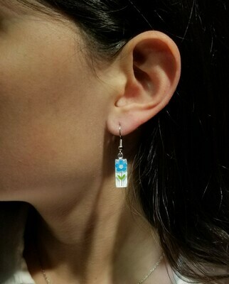 Real Forget-Me-Not, Rectangle Earrings, White Background.