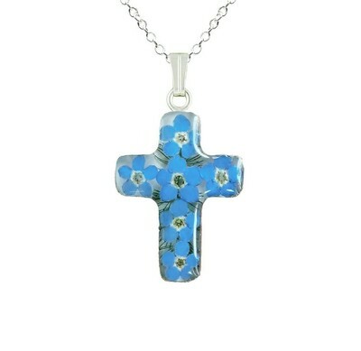Forget-Me-Not Necklace, Small Cross, White Background