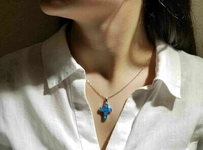Forget-Me-Not Necklace, Small Cross, White Background