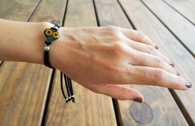 Sunflower Leather Bracelet, Medium Heart, Black Background.